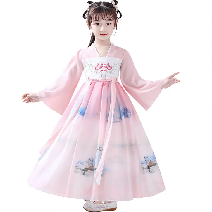 2022 nuevo último vestido de traje antiguo de moda ropa de manga larga vestido rosa para niña de 10 a 12 años Han chino para niñas OEM completo
