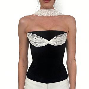 Women's Lace Halter Neck Crop <b>Top</b> Shirt Contrast Lace Trim Tube <b>Top</b> With Bow Detail Fashion - Product Image 2