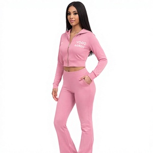 Conjunto de Sudadera Corta con Cremallera y Pantalones Acampanados de Cintura Alta Rosa para Mujer con Logotipo Personalizado - Chándal de Dos Piezas - Product Image 4