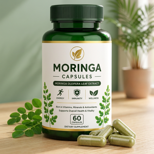 Capsules d'extrait de feuilles de Moringa Oleifera, 60 unités, 600 mg, vitamines, complément alimentaire, soutien immunitaire, énergie, bien-être, pour adultes et nouveau-nés - Product Image 1