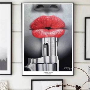 Affiche d'art mural avec <span class=keywords><strong>citation</strong></span> <span class=keywords><strong>sur</strong></span> les lèvres rouges et un pistolet, <span class=keywords><strong>peinture</strong></span> à l'huile <span class=keywords><strong>sur</strong></span> toile, idée de décoration créative pour le salon, le bar, Cuadros - Product Image 4