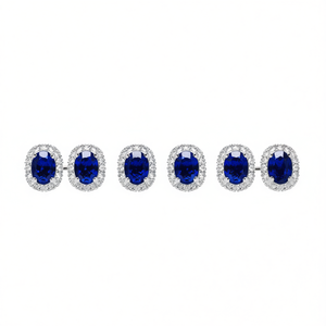 Boucles d'oreilles clous ovales bleu saphir E2115 avec serti circulaire, bijoux fins classiques unisexes - Product Image 1