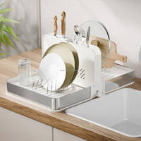 WIREKING Multifunctionele Opvouwbare Afwasrek 3 standen RVS Bordschotelrek met Bestekhouder Automatisch Afdruisysteem