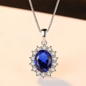 Conjunto de joyería nupcial para boda, conjunto de collares y pendientes de piedra de zafiro azul de Plata de Ley 925