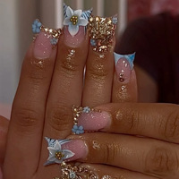 Faux ongles carrés à presser personnalisables en PMMA, courts, base rose pailletée, pointes françaises bleues, décorations 3D fleurs et feuille d'or, pour usage quotidien et fêtes, vente en gros