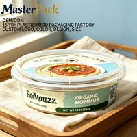 Boîte à houmous ronde en PP avec logo personnalisé IML et couvercle hermétique, contenant jetable de qualité alimentaire pour la conservation des sauces et des garnitures