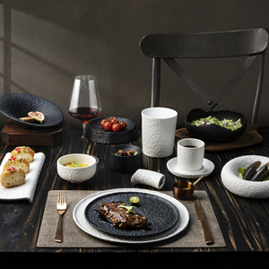 YAYU ad alta temperatura pietra Vintage Texture Hotel bianco stoviglie insalata Dessert piatto profondo <span class=keywords><strong>piatti</strong></span> in ceramica nera per ristorante - Product Image 6