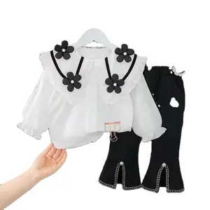 Wholesale Price Autumn Clothing Sets For Kids Cute Flower Designs Longsleeve Top+Flared Trousers 2 Pcs For Girls