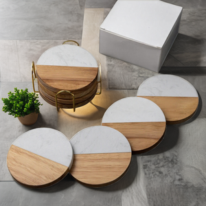 USA Warehouse Eco-Friendly Country Style 4pcs Wooden <b>Coasters</b> <b>Set</b> with Holder and Box Package 10mm Thick Round Design - Product Image 2