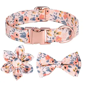 Listo para enviar, Collar de perro mascota de algodón suave con patrón Floral en stock, hebilla de Metal dorado rosado para cachorros pequeños, medianos y grandes perros, gatos