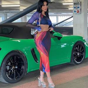 Conjunto de 2 Piezas Personalizado para Mujer 2026, Falda Maxi de Malla de Manga Larga, Estampado por Sublimación, Spandex, Poliéster, Transpirable, Trajes de Vacaciones - Product Image 4