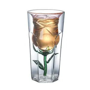 新设计高品质耐热玫瑰花形状双层高硼硅玻璃礼品