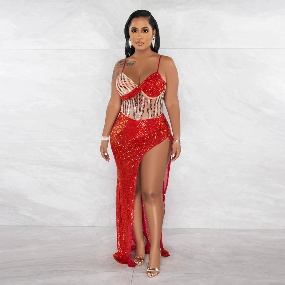 Sexy Evening Dress Woman Lady Elegant Sequined Party Dresses Transparent  Fitness Wear Side High Slit Club Wear| Alibaba.com
