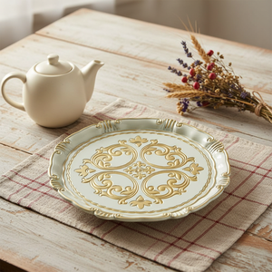 <span class=keywords><strong>Assiette</strong></span> décorative de style palais européen, blanc clair avec relief doré, fabricant de plaques de station de recharge personnalisées OEM en gros - Product Image 3