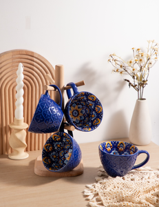 Bohemian Colorful Deep Blue Plant Painted Eco-Friendly Durable Microwave Safe Ceramic Dinnerware <b>Set</b> 18/20/24/36 <b>Pieces</b> Custom - Product Image 6
