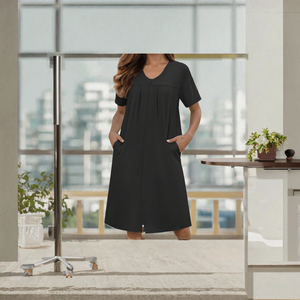 Robe de détente noire à col en v et manches courtes, longueur genou, avec fermeture éclair et poches, pour femmes, vêtements de nuit, style d'été - Product Image 3