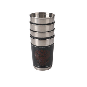 Ensemble de tasses de voyage en acier inoxydable, 4 pièces, verres portables pour vin, café, bière avec manchon en cuir, design classique pour le camping en plein air - Product Image 1