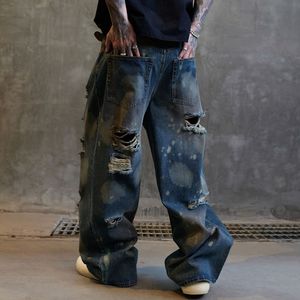 Jeans in <span class=keywords><strong>Denim</strong></span> Lavato all'Acido di Alta Qualità per Uomo, Design Effetto Invecchiato e Sporco, Stile American Street Baggy - Product Image 3