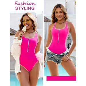 Traje de baño de una pieza para mujer con control de abdomen, diseño de bloques de color, cuello cuadrado y cremallera frontal - Product Image 5