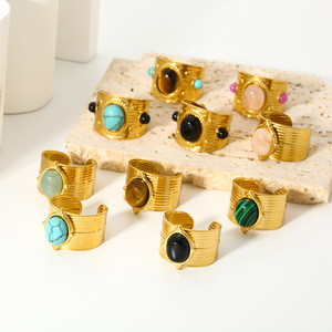 French Retro Style Light Luxury <b>Ring</b> Natural Stone <b>Adjustable</b> 18k Gold Plated Stainless Steel Women's Jewelry - Product Image 4