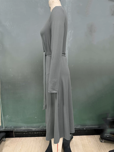Vestido de Punto Elegante Informal con Cinturón, Cuello Redondo, Manga Larga, Corte en A, Midi, para Mujer - Product Image 3