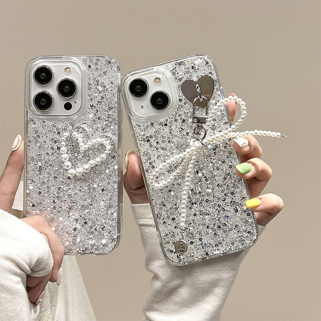 Pearl Butterfly Bow Pendant Heart Dropping Glitter Women's Korean Ins Style Phone Case for iPhone 16 Promax 17 Pro 16 15 14 13