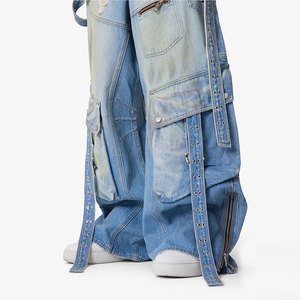 Pantalons en jean pour hommes de qualité en gros, coupe large, taille élastique, multi-poches, résistants, style cowboy, longueur complète, ourlets empilés - Product Image 4
