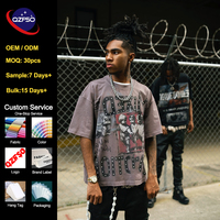 T-shirt QZFSO personnalisé pour homme, style streetwear oversize, avec strass, coupe lourde, épaules tombantes, effet vieilli et délavé à l'acide