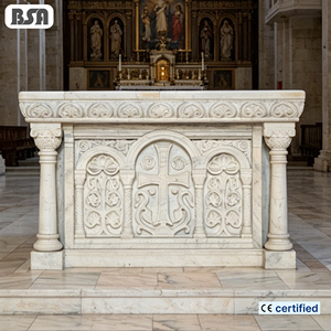 Altare Principale Cattolico in Marmo Bianco Stile <span class=keywords><strong>Romanico</strong></span> BSA, Tavolo Altare in Pietra con Rilievo a Croce Ancorata per Decorazione Chiesa - Product Image 1