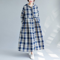 Robe Chemise Décontractée en Lin et Coton Tissé Vintage Automne Hiver, Coupe Ample à Manches Longues, Motif Carreaux, Boutons, Capuche à Cordon, Poches, Respirante
