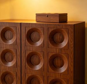 Mid Century Modern Solid Wood Extendable Living Room Cabinet 2-Door <b>Circular</b> Carved Design Modular Adjustable <b>Shelves</b> Large - Product Image 4