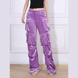 TWOTWINSTYLE Pantalon large à jambes larges et boutons, patchwork uni, pantalon cargo décontracté à taille haute pour femmes, vente en gros