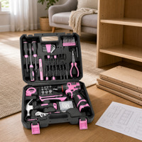 Ensemble d'outils ménagers roses avec perceuse sans fil et accessoires, en acier inoxydable 201, coffret rigide pour l'assemblage à domicile