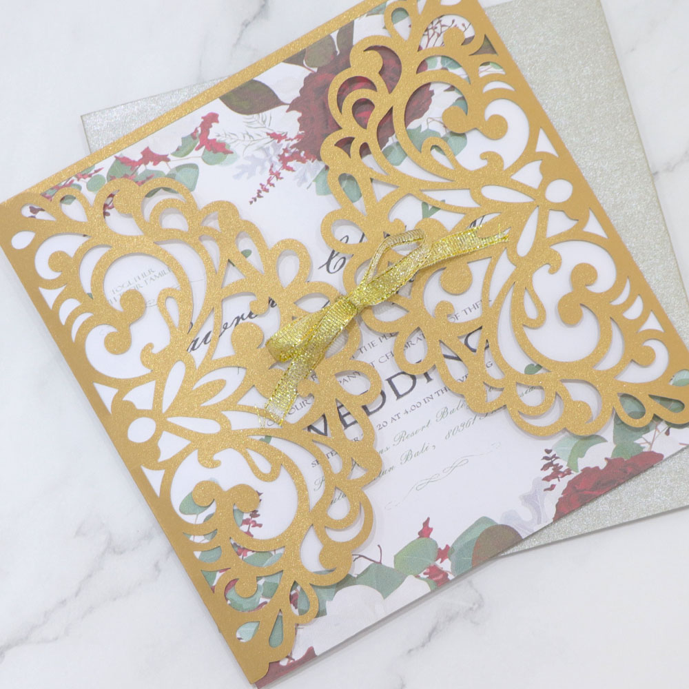 Custom luxury golden paper elegance laser cut wedding invitation cards with envelope