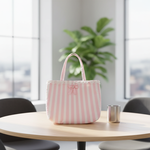 Bolsa <span class=keywords><strong>de</strong></span> Lona Personalizable al por Mayor con Rayas Rosas y Blancas, Lazo y Ribete Festoneado para Viajes - Product Image 1