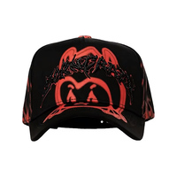 Casquette de baseball noire à 6 panneaux, effet vieilli, avec motif de masque et imprimé flamme, œillets métalliques, visière courbée, style streetwear, vente en gros