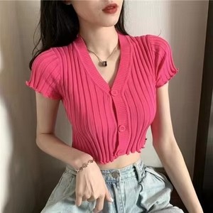 Stile coreano <span class=keywords><strong>Slim</strong></span> <span class=keywords><strong>Fit</strong></span> Sweet Ladies lavorato a maglia a maniche corte t-Shirt da donna <span class=keywords><strong>cardigan</strong></span> <span class=keywords><strong>cardigan</strong></span> con scollo a V - Product Image 3