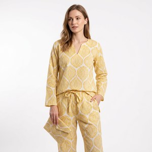 Conjunto de Pijama de Mujer 100% Algodón con Cuello en V, Manga Larga, Estampado Geométrico, Ropa de Dormir Suave para Verano, Pantalones Largos y Camiseta, Ropa Casual - Product Image 1