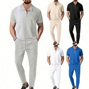 Nouvel ensemble décontracté 2 pièces pour homme : chemise à revers et pantalon en molleton respirant polyester/coton, couleur unie avec cordon de serrage - Product Image 2