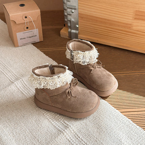 Bottes de neige pour enfants, bottes courtes à semelle souple et chaude en fourrure pour filles, avec nœud en dentelle, non légères - Product Image 6