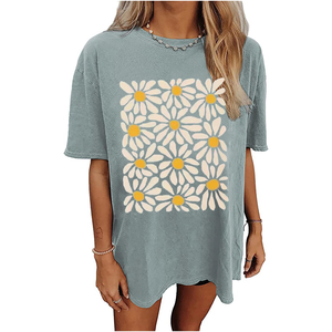 T-shirt surdimensionné pour femmes fleur graphique t-shirts surdimensionnés coupe ample col rond à manches courtes hauts motif imprimé d'été - Product Image 1
