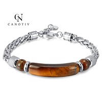 Bracelet en acier inoxydable tressé pour homme, perles en œil de tigre naturel, bracelet porte-bonheur, bijoux tendance, cadeau