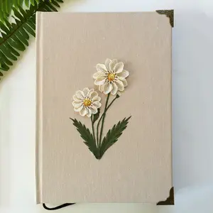 LABON Fabric Linen Cover Embroidered Journal Flower Gift Handmade Notebook With Daisy