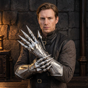 ถุงมืออัศวินยุคกลาง ทำจากเหล็กกล้าไร้สนิม ชุบเงิน  แบบโบราณ  แกะสลักลวดลายประณีต  ตกแต่งด้วยหนามแหลม  สามารถปรับแต่งได้ - Product Image 1