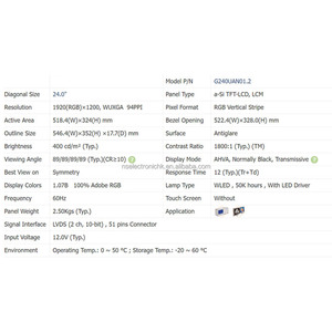ใหม่ของแท้ในสต็อก จอแสดงผล TFT LCD อุตสาหกรรมขนาด 24 นิ้ว ความละเอียด 1920*1200 WUXGA สำหรับจอภาพอุตสาหกรรมความละเอียดสูง รุ่น G240UAN01.2 - Product Image 5