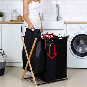 Cesto de Ropa Plegable de Tres Compartimentos con Marco de Bambú Negro, Gran Capacidad de Almacenamiento para Ropa, Uso en Baño - Product Image 2