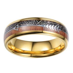18K Gold <b>Titanium</b> Steel <b>Ring</b> Set 6mm Electroplated Silver Wire Acacia Wood Fish Bone Figure Stainless Steel Tungsten Steel - Product Image 2