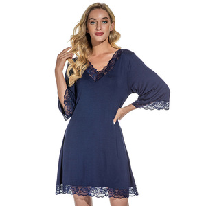 <span class=keywords><strong>Robe</strong></span> <span class=keywords><strong>de</strong></span> nuit manches 1/2 <span class=keywords><strong>pour</strong></span> femmes, <span class=keywords><strong>grande</strong></span> <span class=keywords><strong>taille</strong></span>, chemise <span class=keywords><strong>de</strong></span> nuit sexy en dentelle, confortable, viscose douce et modale - Product Image 4