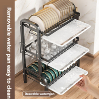 Égouttoir à vaisselle compact moderne en métal à trois niveaux sur pied avec grand égouttoir et séchoir intégrés