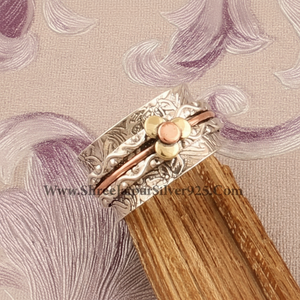 Banda giratoria Bohemia Vintage de tres tonos tallada a mano, Plata de Ley 925, preocupación Floral, fiesta de boda romántica, regalo del Día de San Valentín - Product Image 1